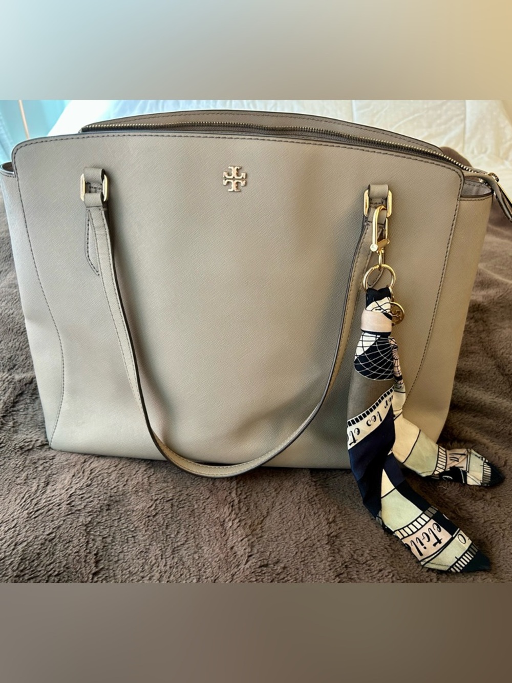 Tory Burch Taupe Leather Tote Bag w/ Silk Scarf
